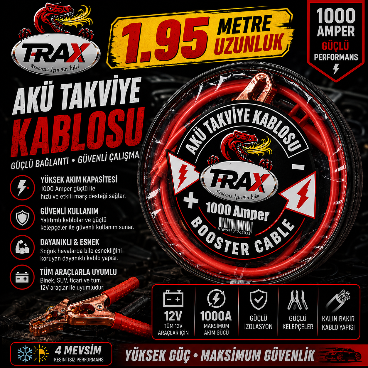 T-RaX Akü Takviye Kablosu 1000 Amper