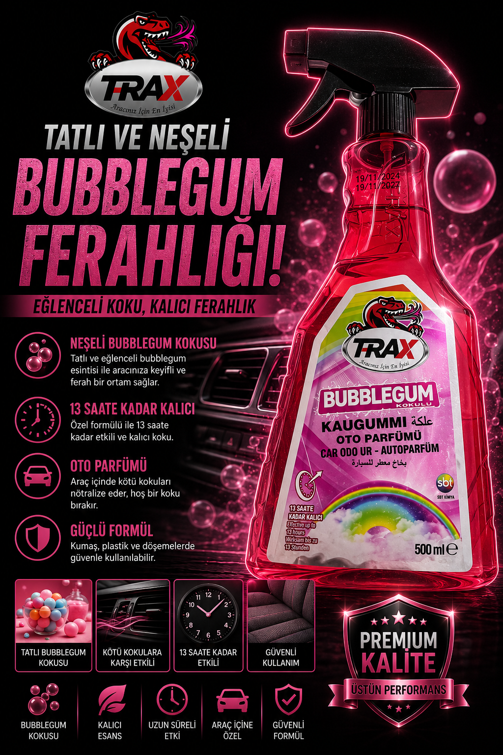 T-RaX Sprey oto Koku 500ML Bubblegum