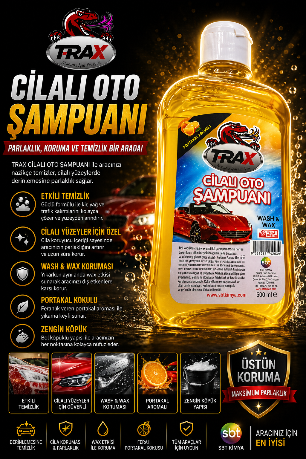 T-RaX Oto Cilalı Şampuan Portakal Kokulu 500ML