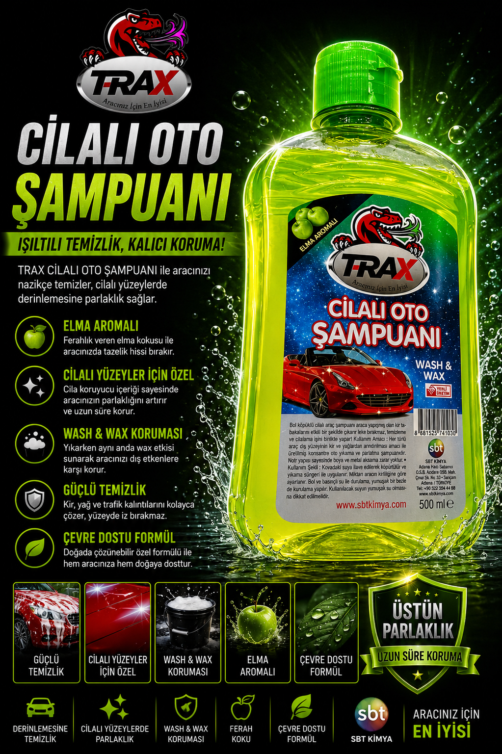 T-RaX Oto Cilalı Şampuan Elma Kokulu 500ML