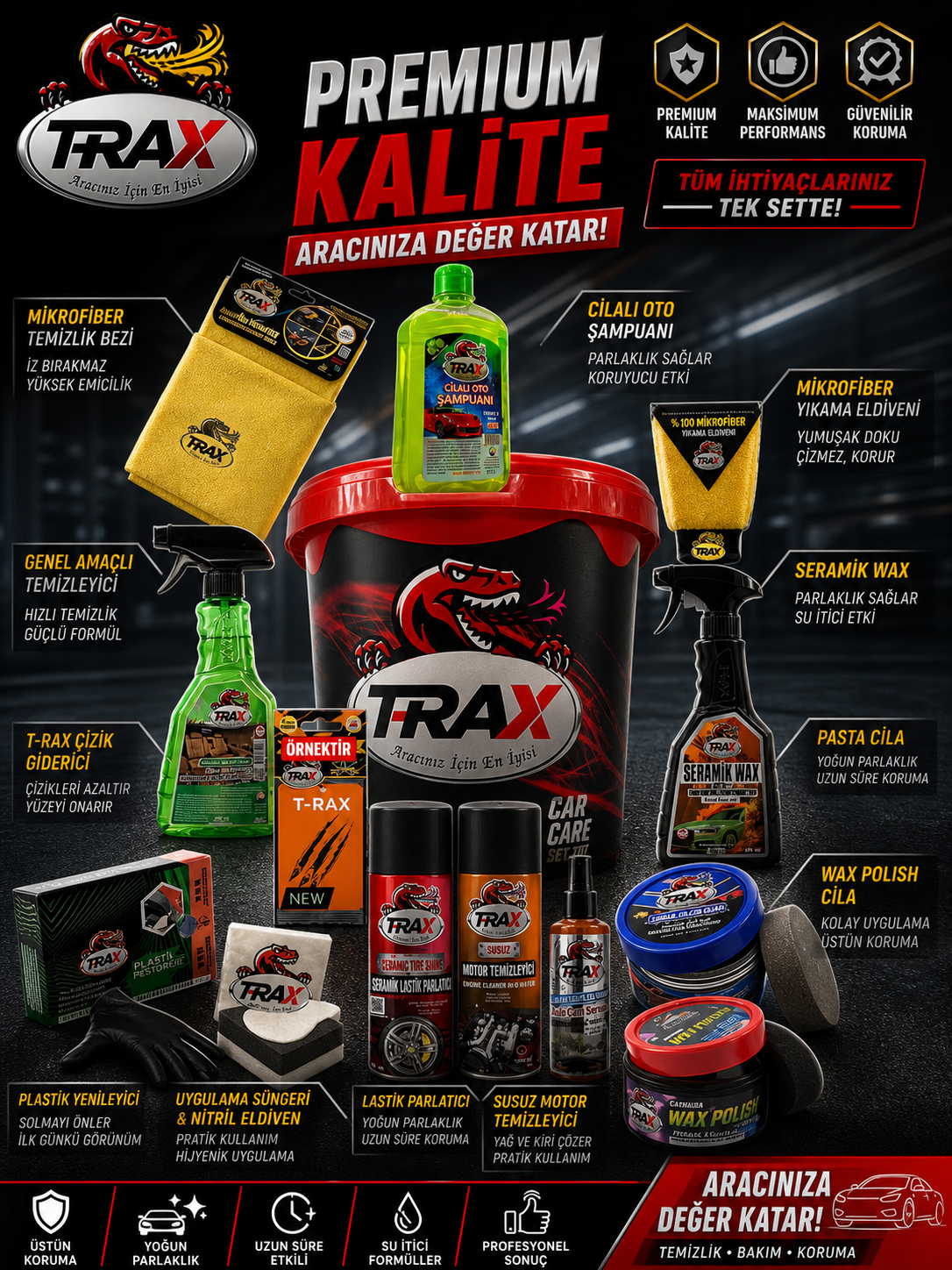 TRAX Premium Oto Bakım Seti – Komple Temizlik & Koruma Paketi