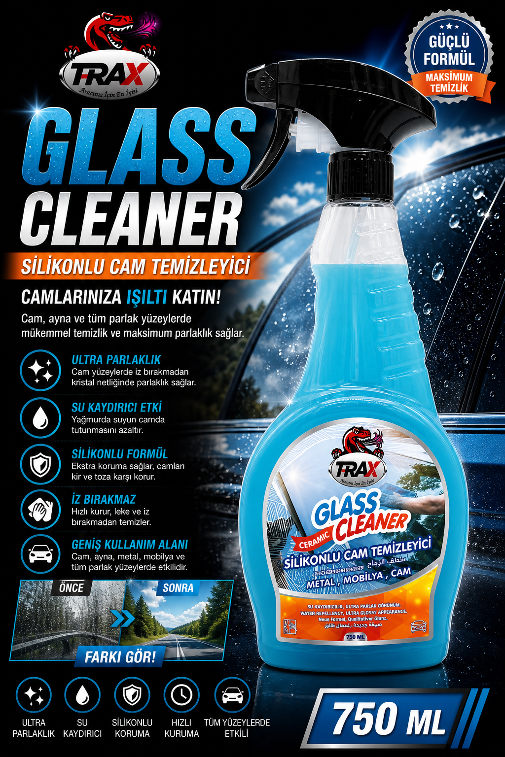 T-RAX SİLİKONLU CAM TEMİZLEYİCİ 750 ML