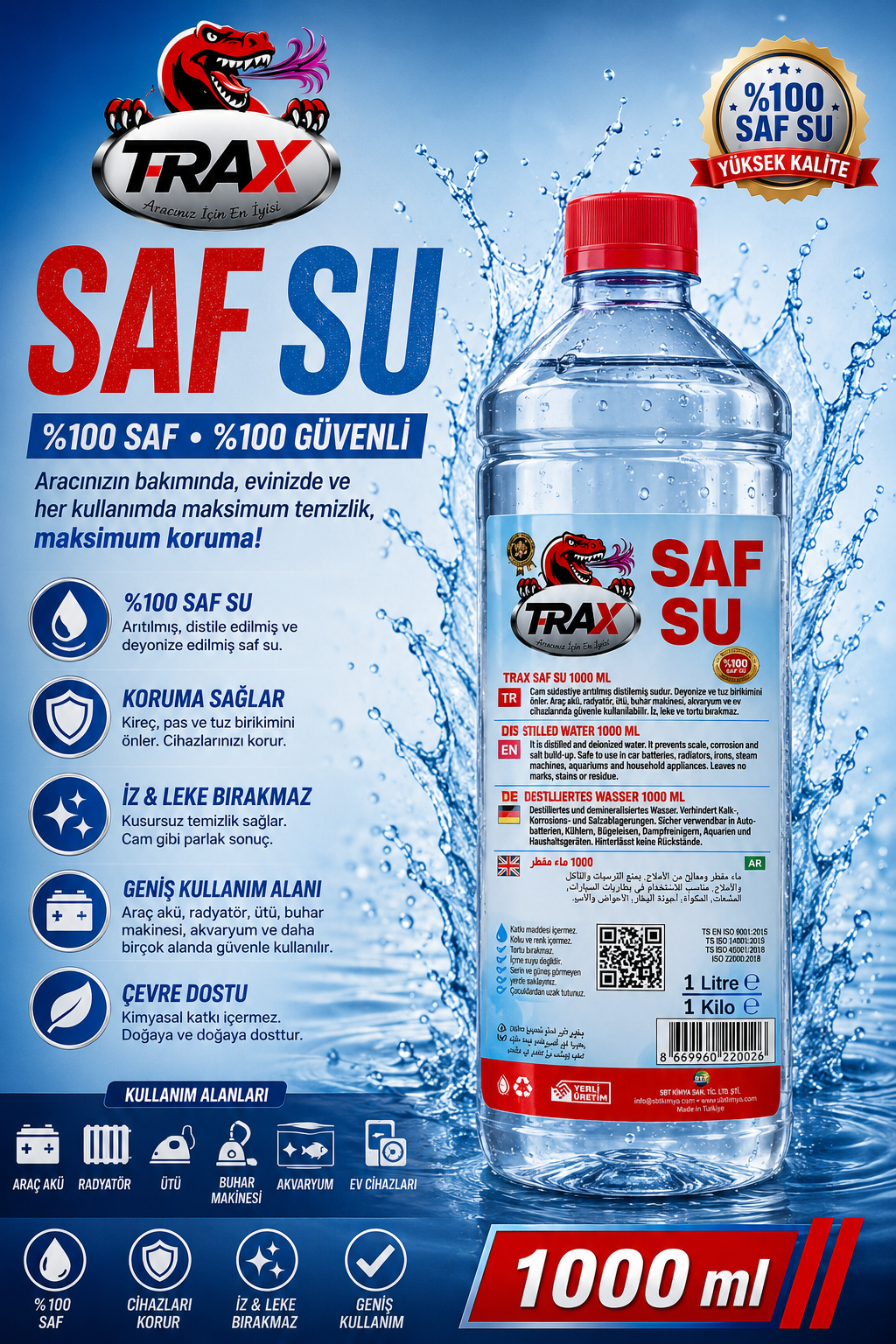 T-RaX Saf Su Ve Ütü Suyu 1 Litre