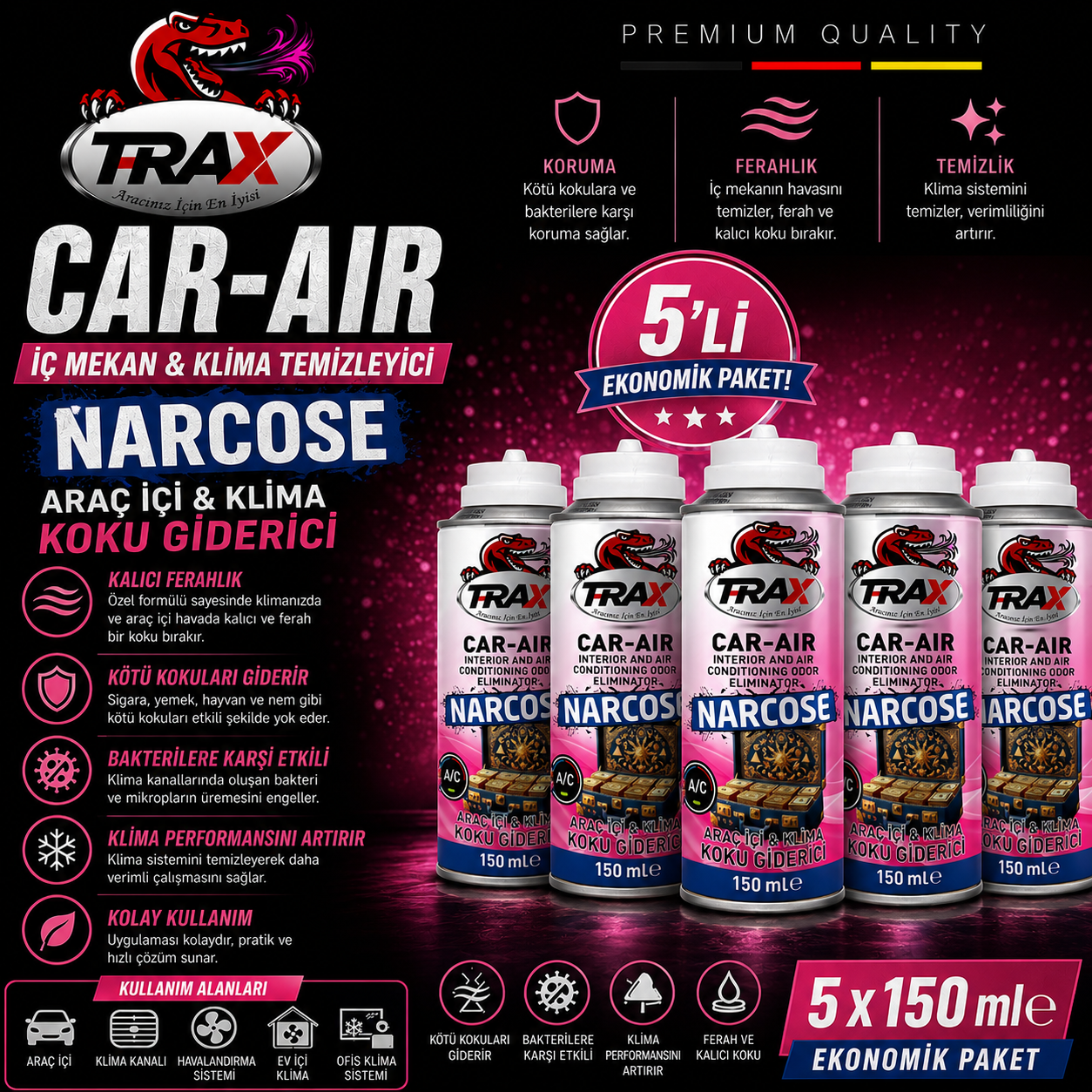 T-RaX Narcose Koku Bombası Araç içi ve Klima Dezenfektan Temizleyici Sprey 150ML 5’li set