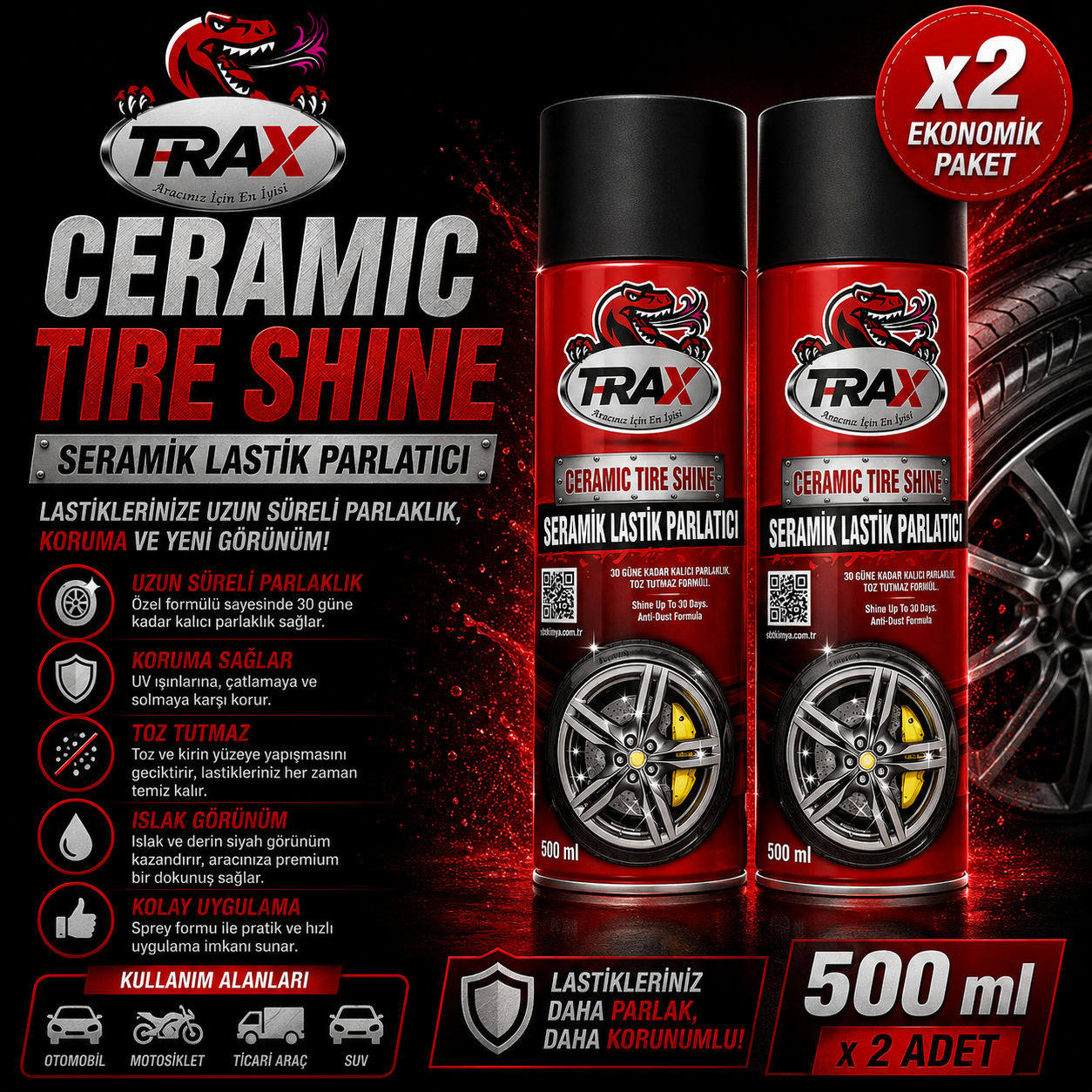 T-RAX  SERAMİK LASTİK PARLATICI 500 ML  – 2’li Set