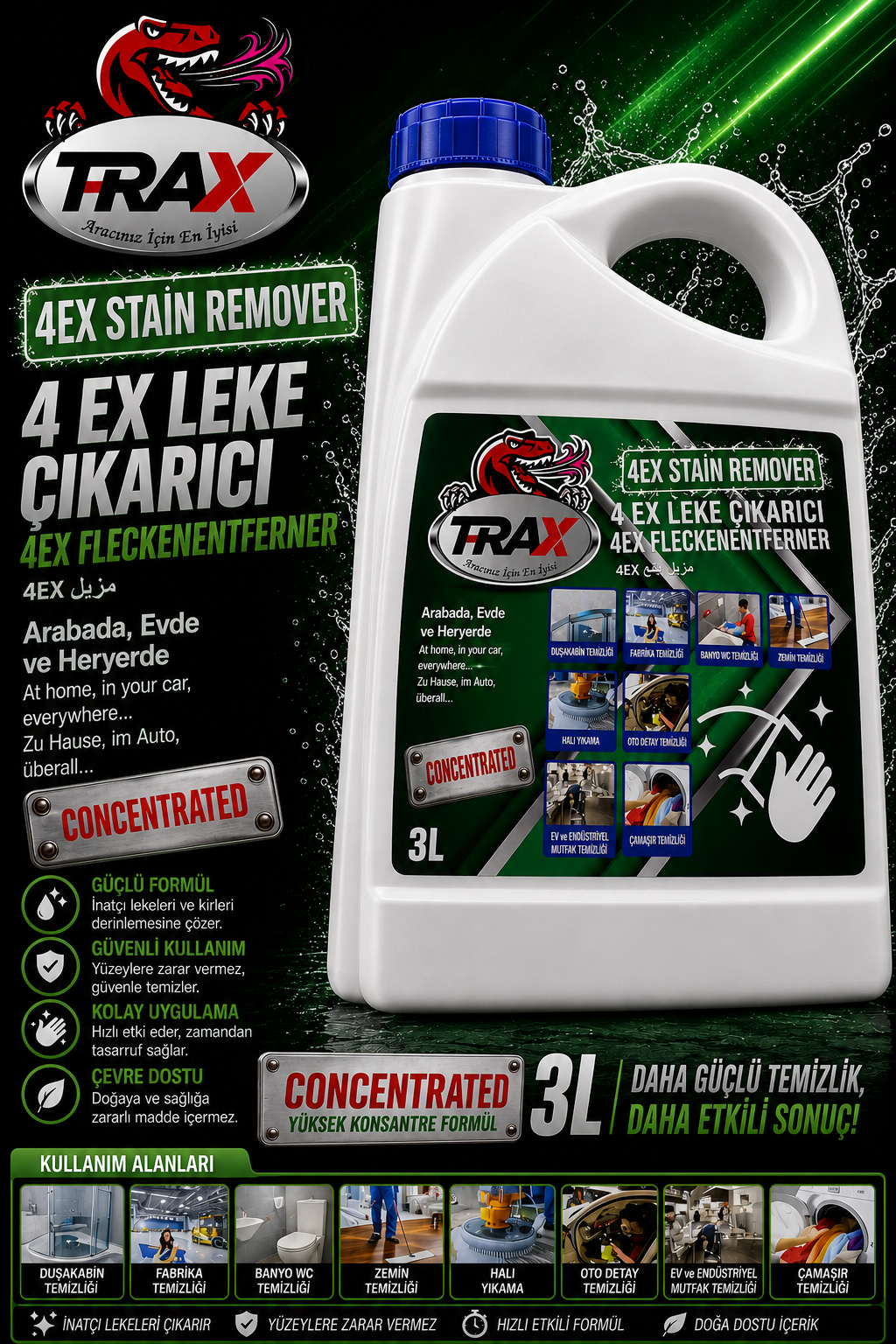 T-RaX Konsantre 4 Ex Leke Çıkarıcı 3LT Genel Temizlik