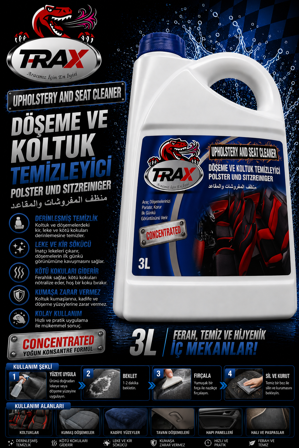 T-RaX Konsantre Döşeme ve Koltuk Temizleyici 3LT