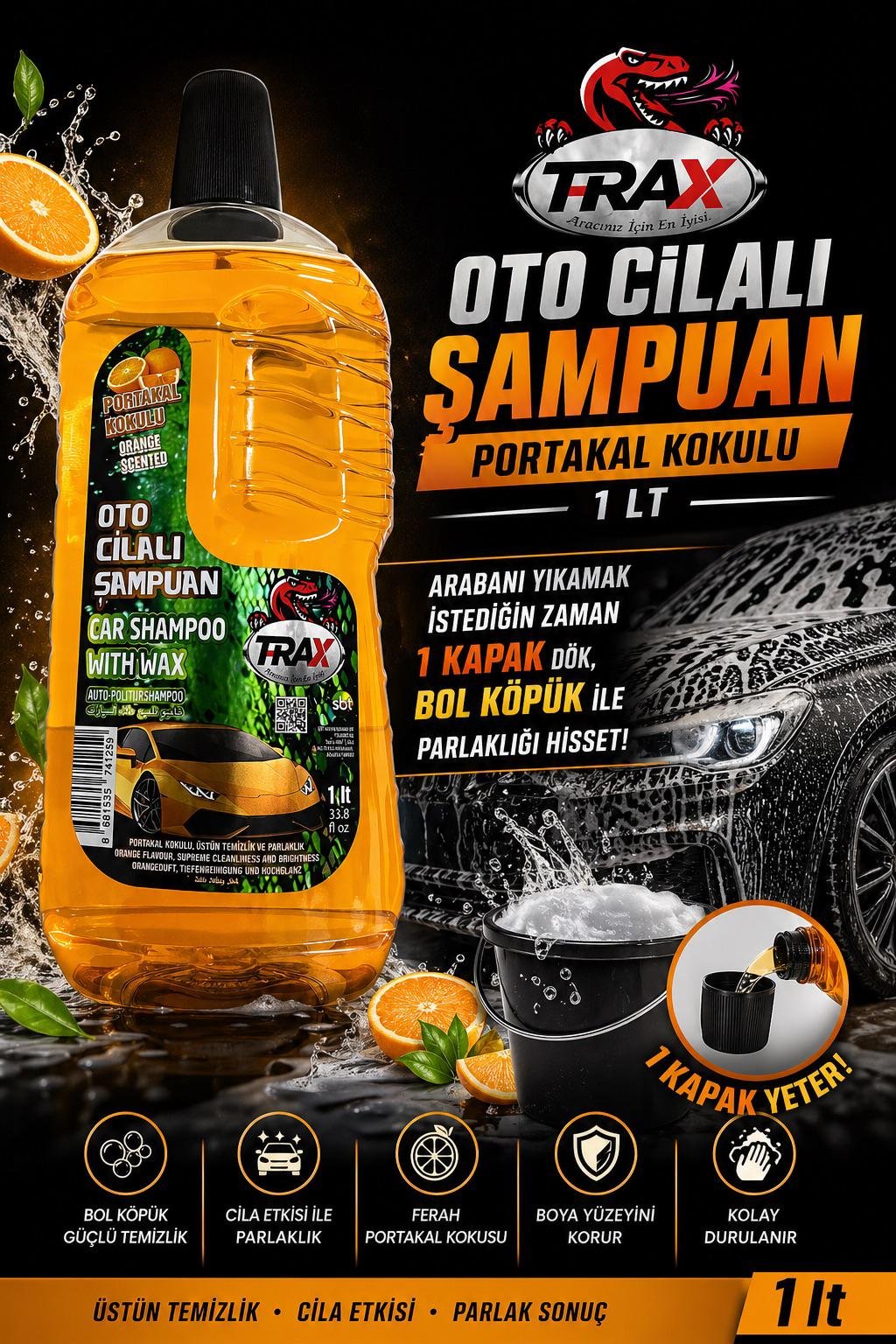 T-RaX Oto Cilalı Şampuan Portakal Kokulu 1LT