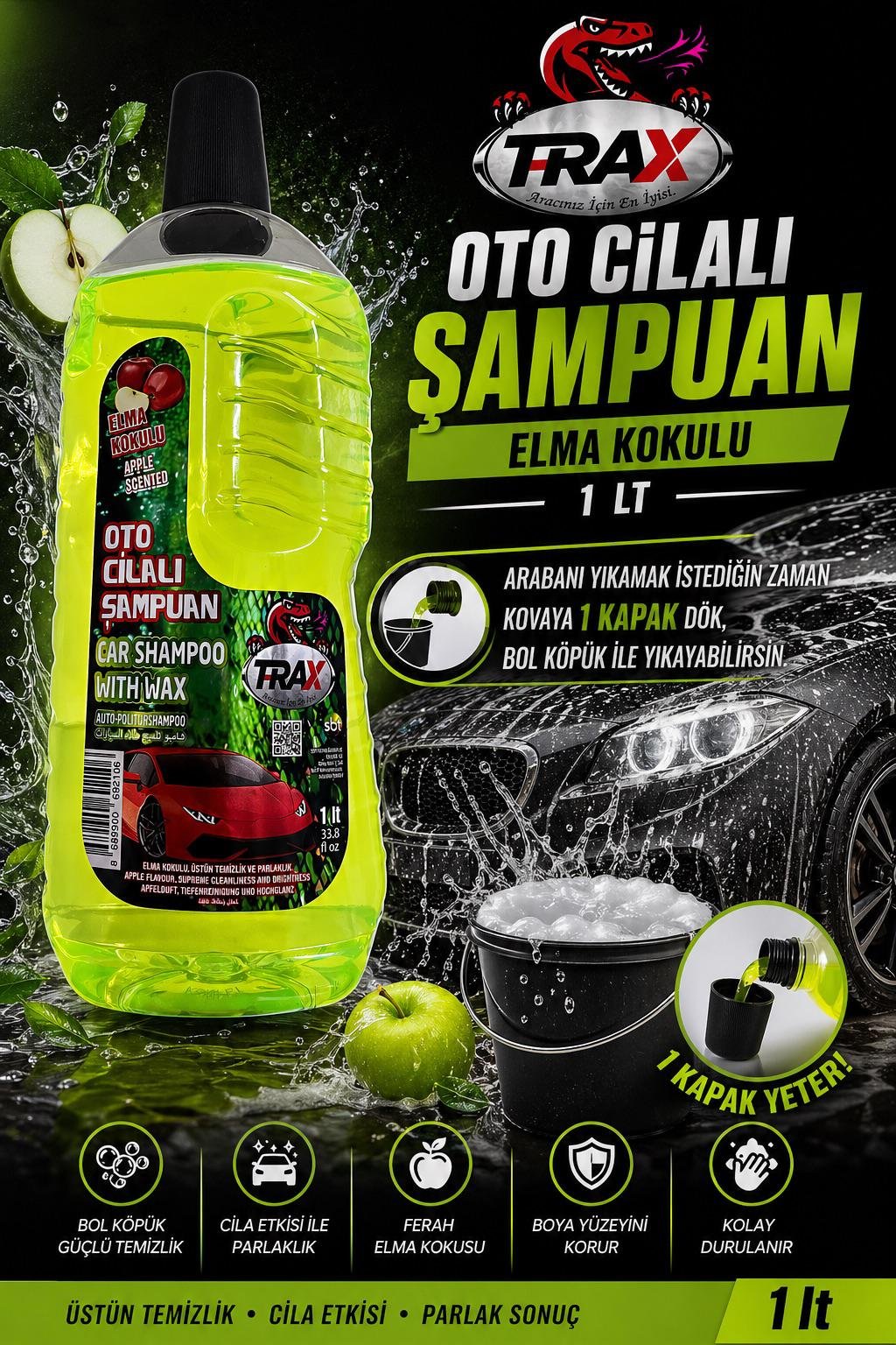 T-RaX Oto Cilalı Şampuan ELMA Kokulu 1LT