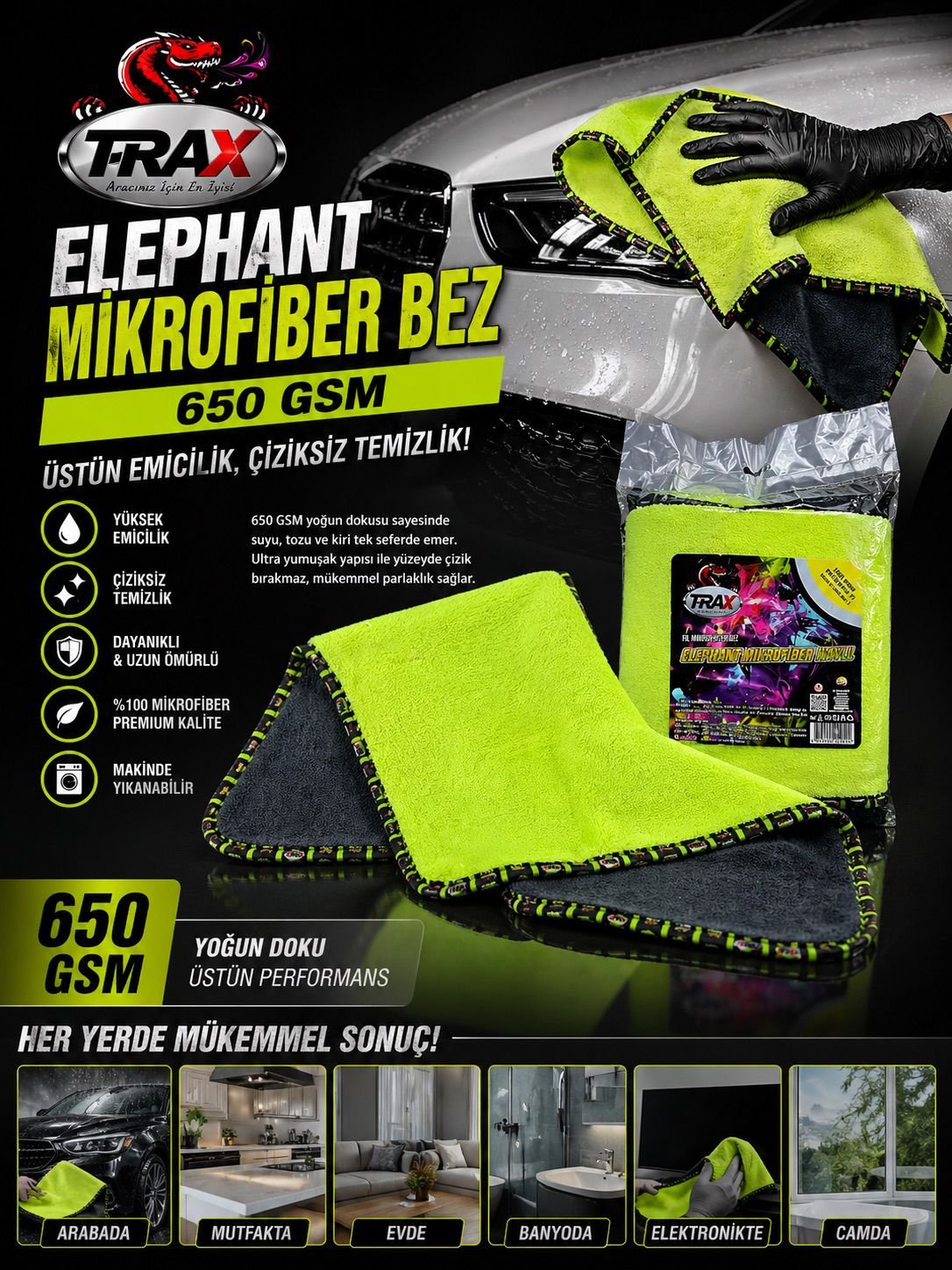 T-RaX Elephant Mikrofiber Araç Kurulama Bezi 50x60 cm – Süper Emici Oto Temizlik Bezi