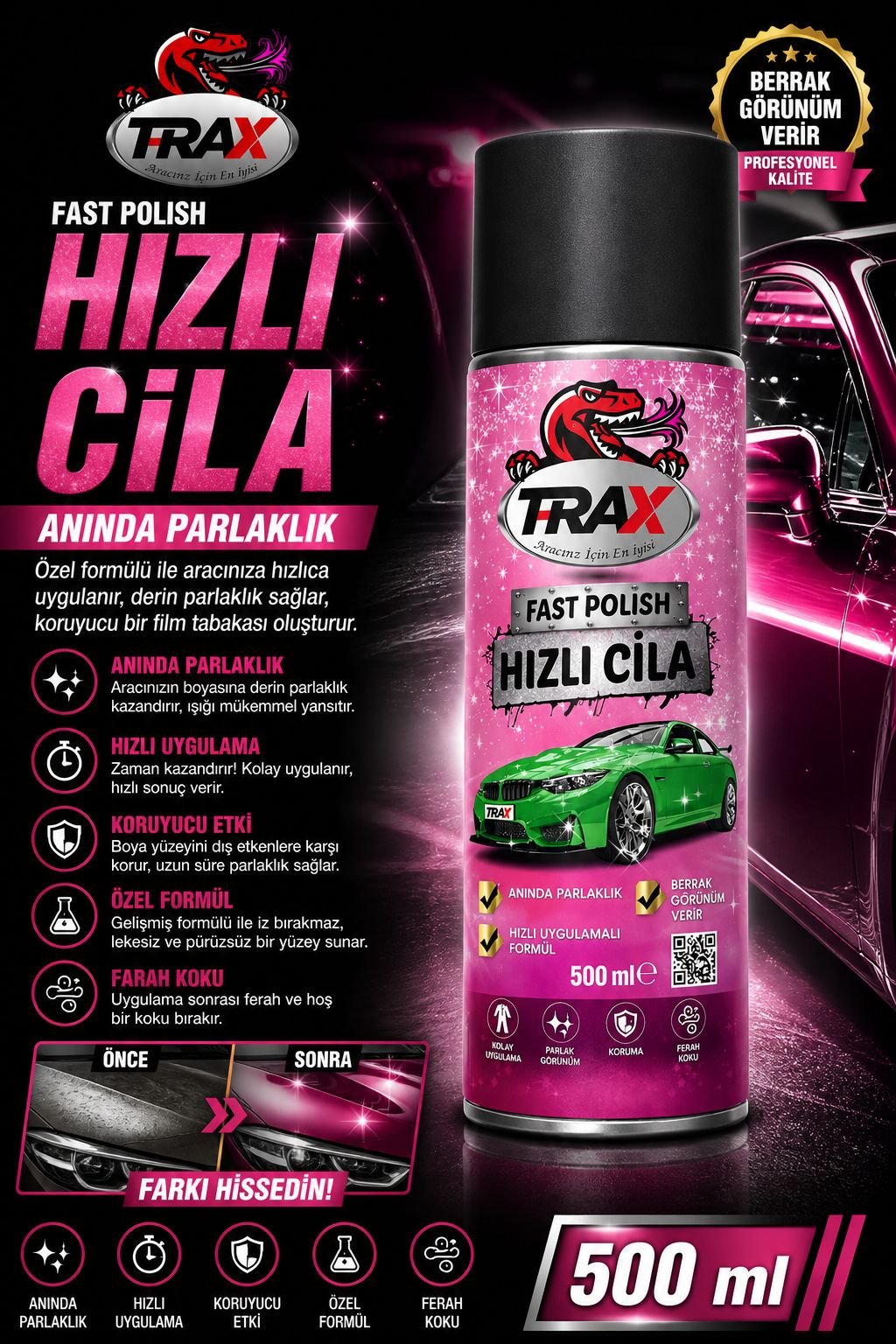 T-RAX Oto Hızlı Cila 500 ML Araç Boya Koruma ve Parlatıcı